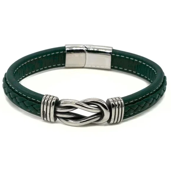 Men's green leather bracelet love knot magnetic clasp. - Picture 1 of 2